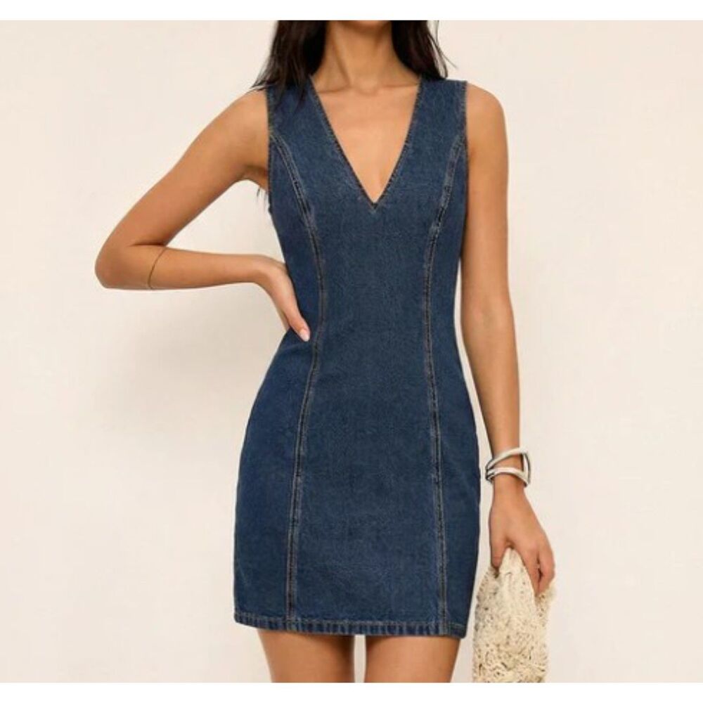 NWT Commense Denim Sleeveless V neck Cotton Blend Mini dress Size Medium